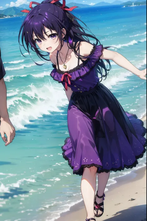 Toka Yatogami, Yatogami Tohka Casual, Long Hair, Purple Hair, dress, ribbon, (Purple eyes:1.1)
happy smile, smile, Open your mouth,, hair ribbon, ponytail, Purple Hair, Off-the-shoulder dress,Bare shoulders,bare clavicle,Bare neck,Locket Necklace,Long skir...