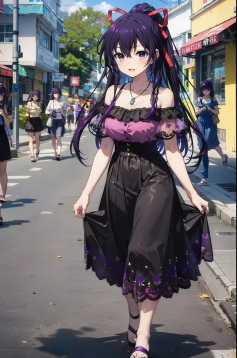 Toka Yatogami, Yatogami Tohka Casual, Long Hair, Purple Hair, dress, ribbon, (Purple eyes:1.1)
happy smile, smile, Open your mouth,, hair ribbon, ponytail, Purple Hair, Off-the-shoulder dress,Bare shoulders,bare clavicle,Bare neck,Locket Necklace,Long skir...