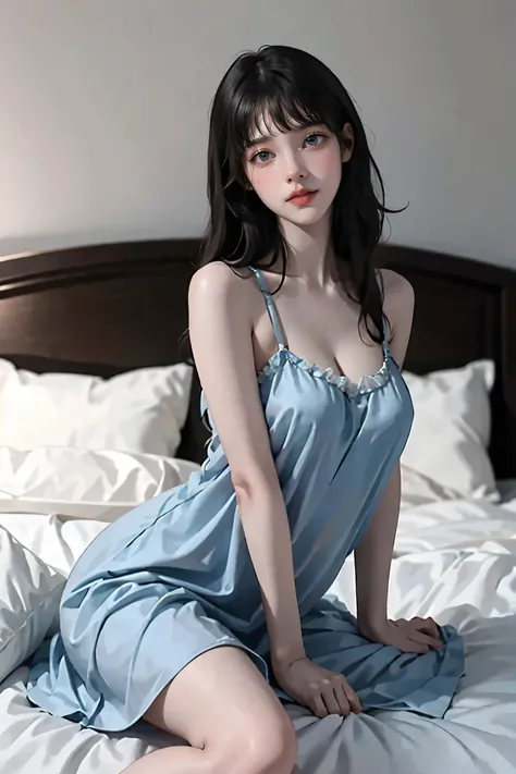 (Browsing Caution:0.9) ,black hair, Straight hair, bangs, Multicolor, beautiful, beautiful woman, Perfect body, Perfect breasts, wearing sexy Nightgown, Nightgown, baby doll, in bed, bedroom, bed, sitting on sleeping bed, Looking at the audience, Smiling a...