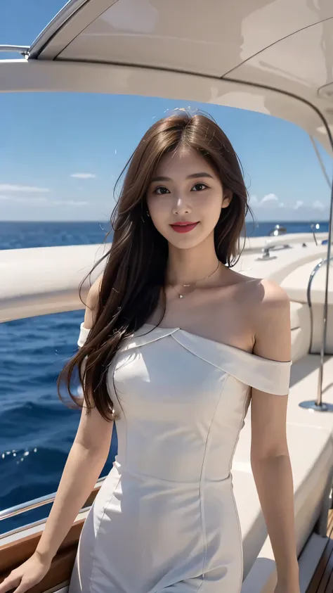 A sweet girl by the yatch luxury at the sea，voluminous hair，Delicate face，Photorealsitic，of a real，largeaperture，wears a white dress luxury，A cropped dress，Off-the-shoulder，A dress around the neck，Slim，smiles，Ultra-high resolution, Blurred background