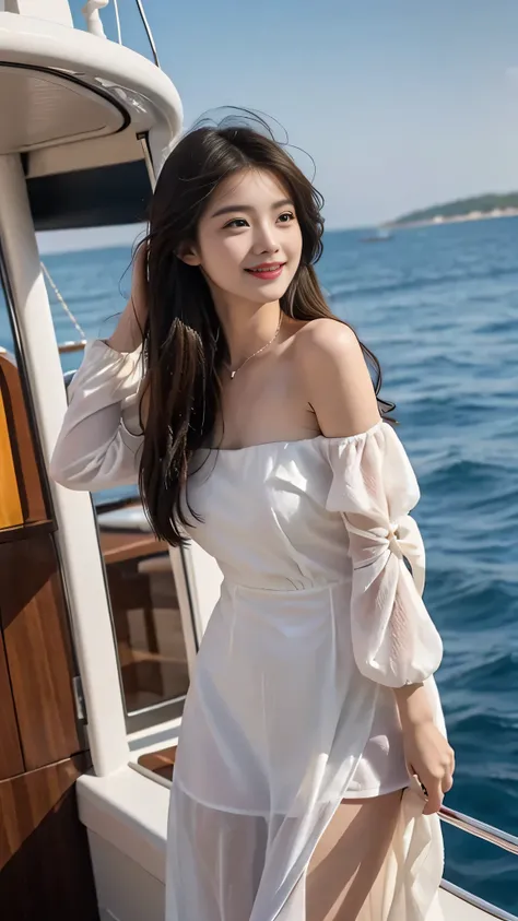 A sweet girl by the yatch luxury at the sea，voluminous hair，Delicate face，Photorealsitic，of a real，largeaperture，wears a white dress luxury，A cropped dress，Off-the-shoulder，A dress around the neck，Slim，smiles，Ultra-high resolution, Blurred background