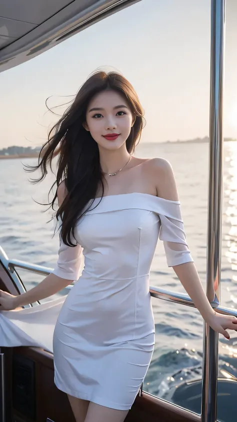 A sweet girl by the yatch luxury at the sea，voluminous hair，Delicate face，Photorealsitic，of a real，largeaperture，wears a white dress luxury，A cropped dress，Off-the-shoulder，A dress around the neck，Slim，smiles，Ultra-high resolution, Blurred background