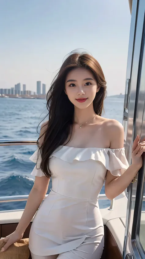 A sweet girl by the yatch luxury at the sea，voluminous hair，Delicate face，Photorealsitic，of a real，largeaperture，wears a white dress luxury，A cropped dress，Off-the-shoulder，A dress around the neck，Slim，smiles，Ultra-high resolution, Blurred background