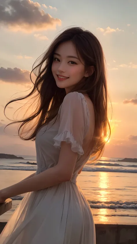 Sunset lighting,  (best quality), (model), Backlight, There is light on the face, (quality improvement), Delicate eyes, Delicate face, good quality eyes，A gentle breeze ruffles the hair，Smile