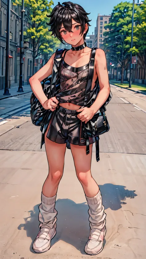 "best quality,ultra-detailed,((background:outside the park1,8)),(one boy),(full body),portraits,((sissy boy,tomboy,FemBoy,trap1,8)),((bulge1.8)),(natural makeup),black choker,necklace,earrings,(short black hair),boys face,boys body,((nose-blush)),((nervous...