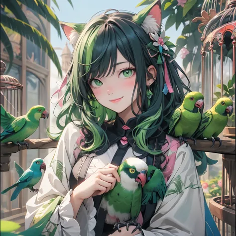 (masterpiece), highest quality, Ultra-high resolution,Fox A cat wearing a colorful green ribbon、Bright green hair、Bright green eyes、Bright green clothing、Rainbow Parrot、Parakeet、smile、(View the birdcage:1.3)、(Angle horizontal:1.3)