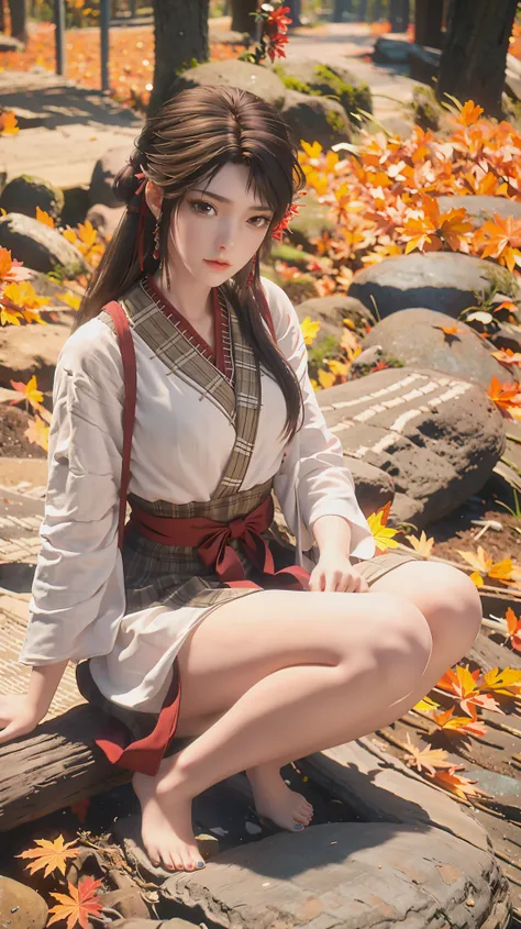 a girl in a dress，autumn theme，dusk，maple forest，maple leaves everywhere，((shot in the knee)),（masterpiece、best quality、high res...