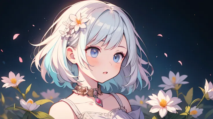 solo, a girl with pastel hair and a complementary colored dress with flowers around her neck and shoulder, with a flowers in her...