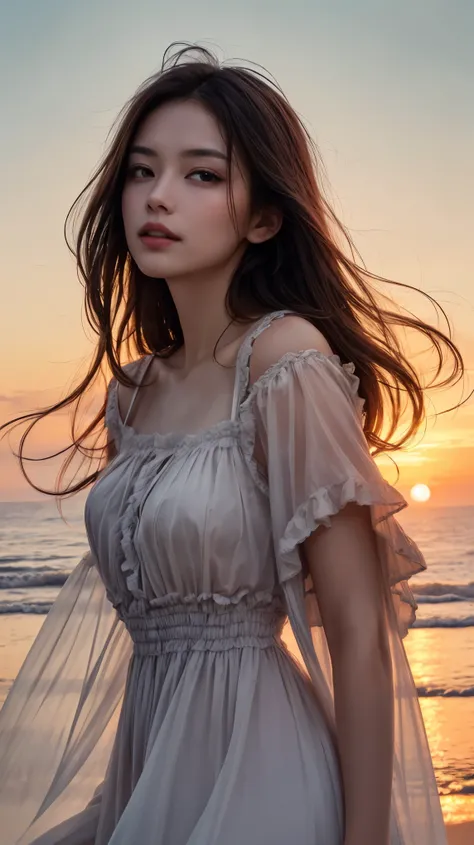 Sunset lighting, (best quality), (model), Backlight, There is light on the face, (quality improvement), Delicate eyes, Delicate face, good quality eyes，A gentle breeze ruffles the hair，Melancholy charming facial expression，Cool temperament