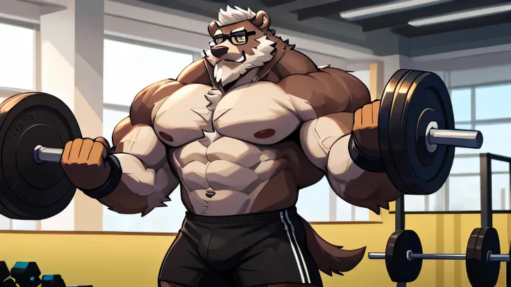 solo, 1boy, Huge Muscular Old Grizzly Bear wearing glasses , pectoral, huge pectoral, wide pectoral, short white hair, short pants black wristbands and shirtless topless, bearded, Mustache, gym background, masterpiece, high detailed, 8k, high resolution, a...