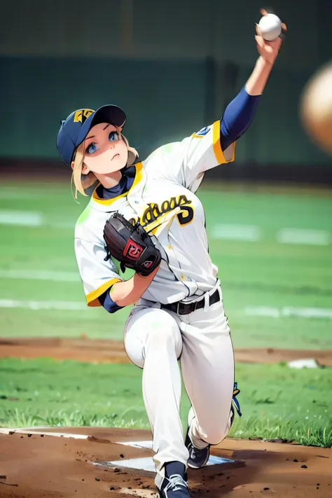 female baseball pitcher, big breasts, high-legged pitching form, masterpiece, blue eyes, detailed face