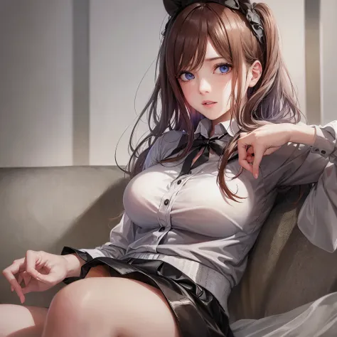 (best quality:1.2,masterpiece:1.2),solely,1girl,serious,beautiful detailed eyes,beautiful detailed lips,extremely detailed eyes and face,long eyelashes,Miku Nakano,looking at the viewer,hand on face,sitting,crossed legs,button-up shirt,tied-up skirt,stocki...