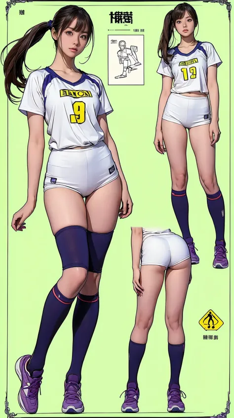 ((masterpiece)),(((highest quality))),((1 person, Reference Sheet, Character Design, front, return, ~ ~ side))), Thin thighs, Long legs, Its not a big deal, Please wear volleyball uniform and volleyball shoes, ((Browsing Caution))