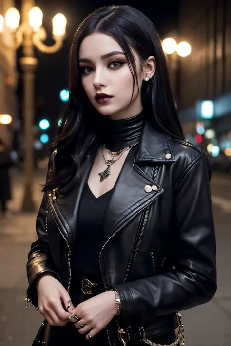 「A young woman in gothic fashion、It was shot against a nighttime urban backdrop.。She wears her dark hair in an elegant comb-over、The makeup is emphasized by eyeliner.。The outfit consisted of a black leather jacket with checkered details and、Accessorized wi...