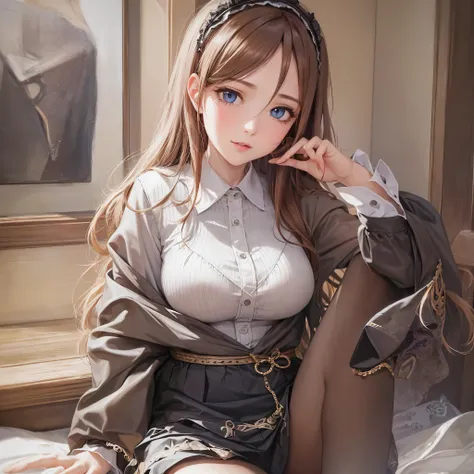 (best quality:1.2,masterpiece:1.2),solely,1girl,serious,beautiful detailed eyes,beautiful detailed lips,extremely detailed eyes and face,long eyelashes,Miku Nakano,looking at the viewer,hand on face,sitting,crossed legs,button-up shirt,tied-up skirt,stocki...