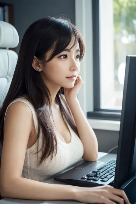 A woman relaxing while looking at a computer