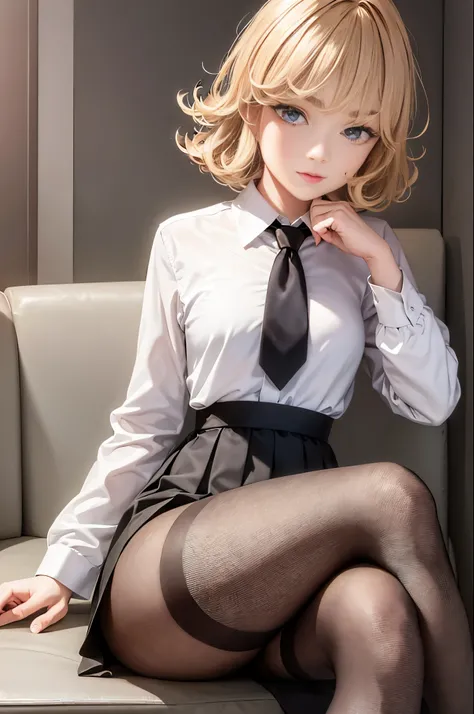 (masterpiece, best quality:1.2), solo, 1girl, tatsumaki, unamused, closed mouth, looking at viewer, hand on own face, sitting, crossed legs, collared shirt, necktie, skirt, pantyhose