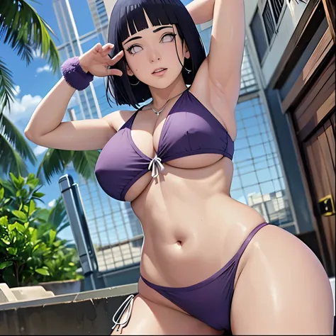 Hinata,1girl,solamente, Beautiful, muslos de thicc, pechos enormes, Wearing purple gradient bikini, en piscina,ojos puros, Alumnos realistas, Ojo altamente detallado, Perfect anatomy, good anatomy, Good Composition, Axilas, sweating, Mom, Milf, muslos de t...