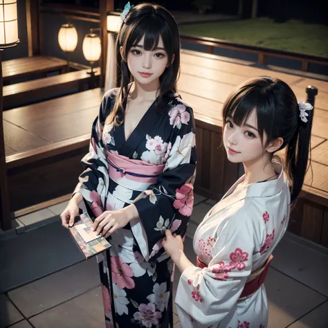 (High Angle,From above,Cleavage),♥(Beautiful Japanese floral kimono,yukata),((One girl,cute,young,Semi-long beautiful black hair,Blunt bangs,A Tale of Twins,Beautiful Eyes)),(alone),((masterpiece, Highest Resolution,highest quality)), (Beautiful illustrati...