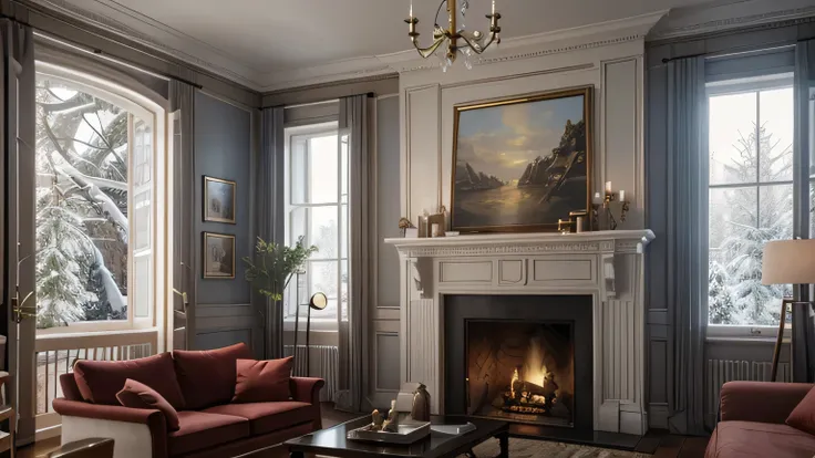 Arav living room with fireplace and large windows, There is heavy snow outside the French window，Detailed paintings inspired by Ernest William Christmas, shutter, The art of math, hyperRealistic CGI, Photorealistic rendering with Unreal Engine, Surrealism,...