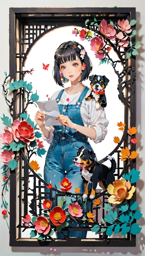 (((paper cutting style))), 1 girl, black short hair, bob cut, denim, shirts, 1 dog with girl, (frame of illustration is 3D paper cutting), (colorful)