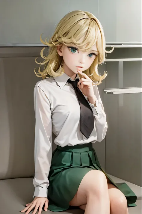 (masterpiece, best quality:1.2), solo, 1girl, tatsumaki, unamused, closed mouth, looking at viewer, hand on own face, sitting, crossed legs, collared shirt, necktie, skirt,green hair green eyes,medium thighs 