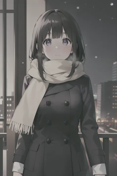 (A superb exquisite Chitanda Eru), (mature face), purple eyes, long black hair, natural straight hair, straight bangs, solo, [Small_breasts: large_breasts: 0.5], normal breasts, ((tall buildings, city, winter, scarf)), (purple coat, skirt), extremely delic...