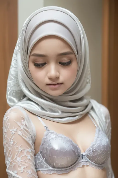 ((SLEEPING BEAUTY)), ((EYES WIDE )), ((OPEN BIG HUGE EYES)), ((FULL LACE)), Very Thin body (Wearing Bra Lingerie), (((HIJAB MALAY GIRL))), masutepiece, High quality, UHD 32K, Realistic face, Realistic skin feeling , A Malay Lady, 8 years old, , Very cute a...