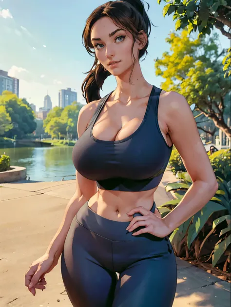 (masterpiece, top quality, best quality, official art, beautiful and aesthetic:1.2), (1girl:1.3), long dark brown hair, ((loose ponytail)), extremely detailed, portrait, looking at viewer, solo, (full body:0.6), detailed background, close up, mischievous g...