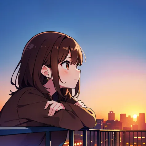 One Girl, Brown Hair, Medium Hair, dusk, Dear Kurt, 8K resolution, 8K quality, Blue background, Brown eyes, Spaced out,On top of a building,He is resting his chin on the railing,sunset,profile,Earrings