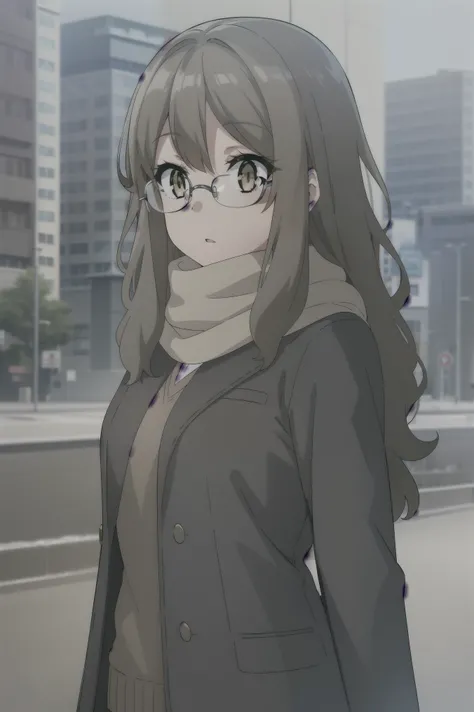 riofutaba, rio futaba, black-framed eyewear, (brown eyes:1.7), glasses, (grey hair:1.2), hair between eyes, over-rim eyewear, semi-rimless eyewear, long hair, sidelocks, , (mature face), solo, [Small_breasts: large_breasts: 0.5], normal breasts, ((tall bui...