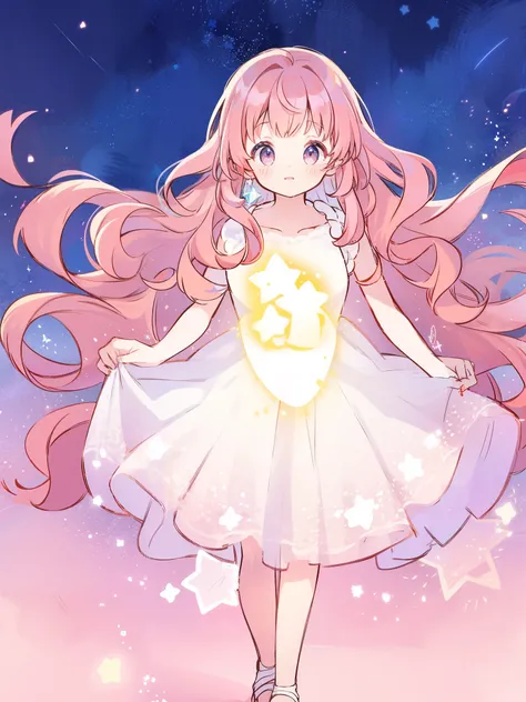 complex background, wishing star background, gradient wavy hair, a woman wearing an ethereal mystical pink translucent dress that reflects the stars, complex drawing, highly detailed, starry night, midjourney style