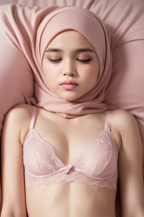 ((SLEEPING BEAUTY)), ((EYES WIDE )), ((OPEN BIG HUGE EYES)), ((FULL LACE)), Very Thin body (Wearing Bra Lingerie), (((HIJAB MALAY GIRL))), masutepiece, High quality, UHD 32K, Realistic face, Realistic skin feeling , A Malay Lady, 8 years old, , Very cute a...