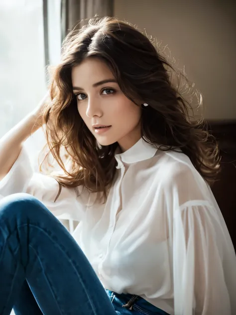 cinematic color, beautiful matanity woman, (best quality, ultra-detailed), feminin lighting, messy hair, wearing see-through white shirt and jeans, delicate features, dreamy atmosphere