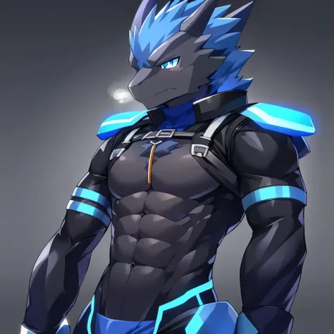 Thin macho　western black dragon　　abs　　　　　Hollow abs　　body suit　　thick arms　　　chest rig　　　、sweaty　　　skin glow　　profile　　Wearily　short of breath　　  　Chemo shota　　Thick chest have a 　blue eyes　Tired look　Glowing abs　Deep abdominals jacket　profile　one person