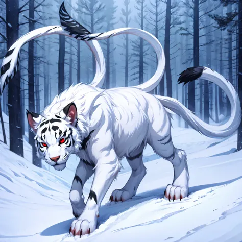 White wool, Black stripes on wool, Red eyes, Six paws, against the backdrop of a snowy forest