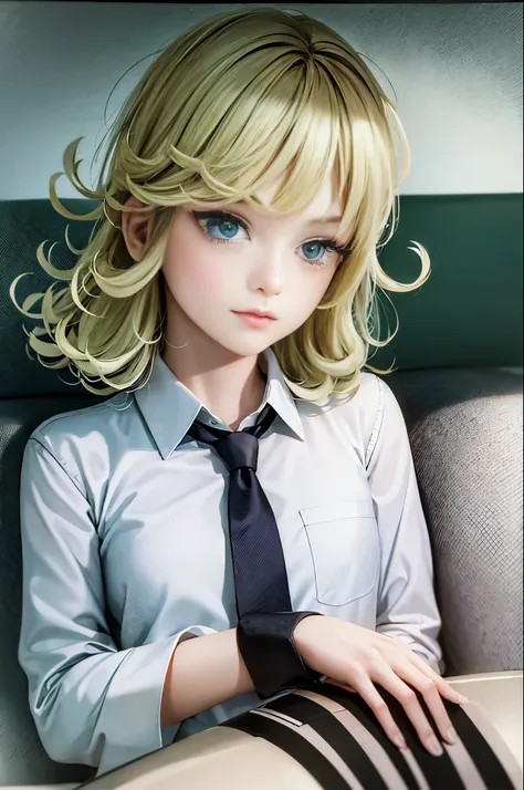 (masterpiece, best quality:1.2), solo, 1girl, tatsumaki, unamused, closed mouth, looking at viewer, hand on own face, sitting, crossed legs, collared shirt, necktie, skirt,green hair, green eyes,big thighs 