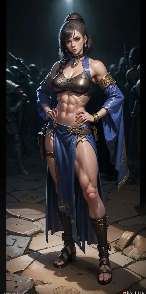 full body toe to head, masterpiece, 1soloMILF BIMBO standing loincloth pose hands on hips, leather collar choker neck bell shackles wristbands bracers bracelets sleeves and stockings, strong body, abs, shiny skin (masterpiece, best quality) 1girlsolo weari...
