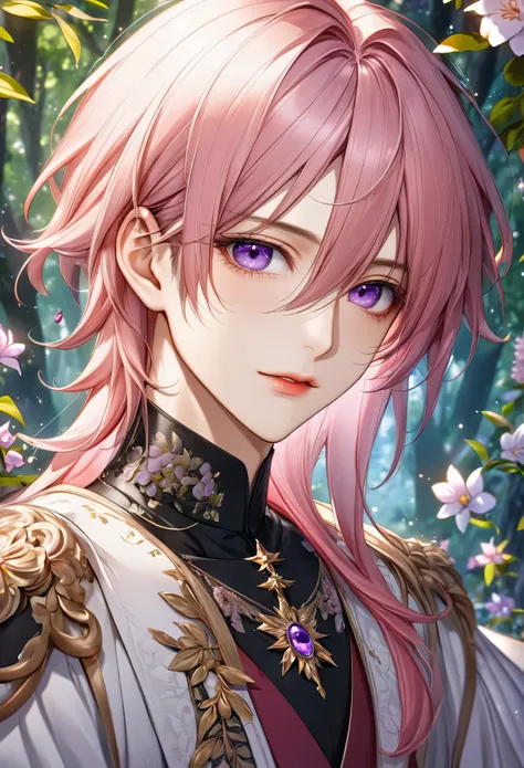 (highest quality,8k,cg),upper body details, adult male、,floral forest background,complex facial features,elegant long pink hair,...