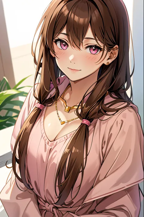 solo, light brown hair, dark pink eyes, sweet smile, subtle blush, large chest