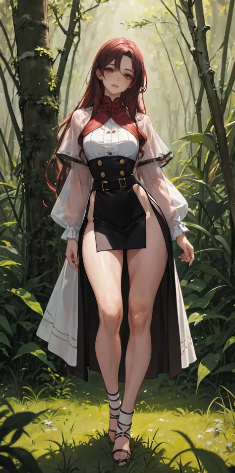 a youthful teenage girl with crimson red hair, pink-brown eyes, eyeliner, dark eyeshadow, beautiful delicate face, pale smooth skin, walking in a forest with trees and grass under a cloudy sky, wearing a white blouse with a capelet, a tight mini skirt and ...