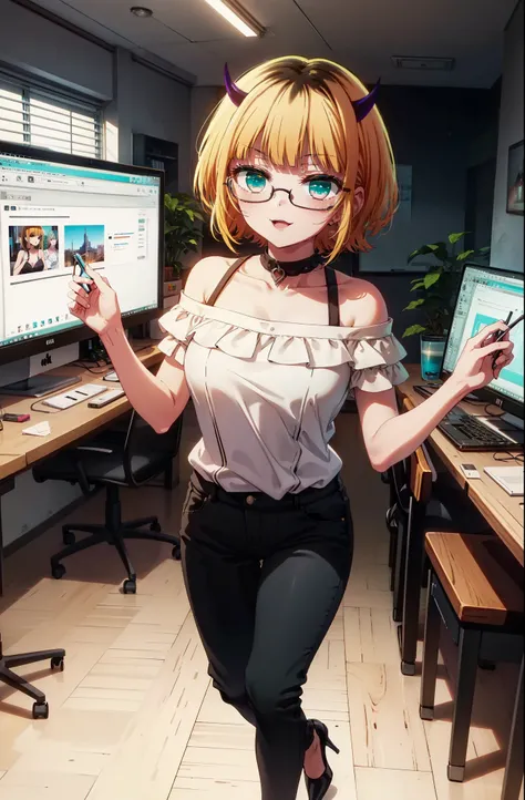 memcho, memcho, Long Hair, Blonde Hair, Multicolored Hair, horn, bangs, Brown Hair, Black Hair, blunt bangs, Two-tone hair, (Aqua Eye:1.3), :3,happy smile, smile, Open your mouth,Black-rimmed glasses,
 Cold shoulder tops,Short sleeve,skinny pants,Stiletto ...