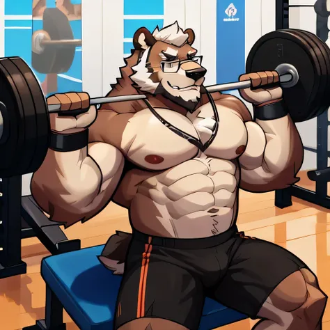 solo, 1boy, Huge Muscular Old Grizzly Bear wearing glasses , pectoral, huge pectoral, wide pectoral, short white hair, short pants black wristbands and shirtless topless, bearded, Mustache, gym background, masterpiece, high detailed, 8k, high resolution, h...