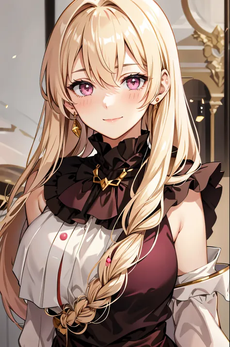 solo, light almond hair, long hair, dark pink eyes, sweet smile, subtle blush, large chest