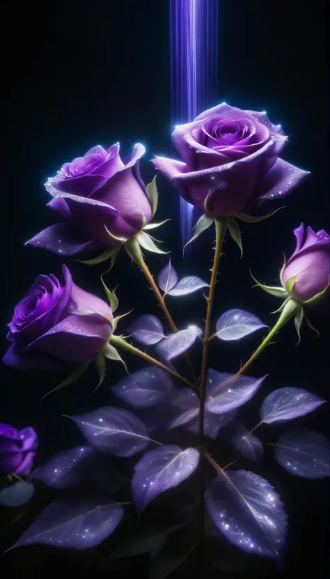 exposure-ral,a (Congelado:1.1) three cosmic roses,hecho de nebulosas,the petals shine with crystal brilliance,nebulosas arremolinadas,Fotorrealismo del motor irreal 8k,ethereal lighting,purple, negro. Noche,oscuridad,arte surrealista, perfectas, hermosas