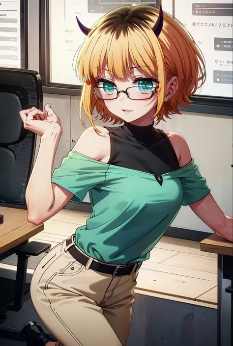 memcho, memcho, Long Hair, Blonde Hair, Multicolored Hair, horn, bangs, Brown Hair, Black Hair, blunt bangs, Two-tone hair, (Aqua Eye:1.3), :3,happy smile, smile, Open your mouth,Black-rimmed glasses,
 Cold shoulder tops,Short sleeve,skinny pants,Stiletto ...