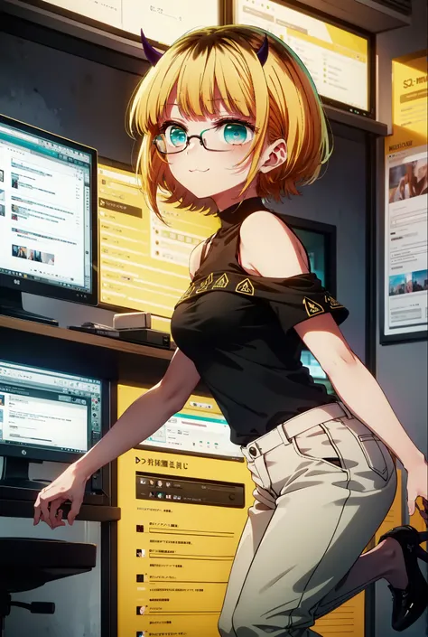 memcho, memcho, Long Hair, Blonde Hair, Multicolored Hair, horn, bangs, Brown Hair, Black Hair, blunt bangs, Two-tone hair, (Aqua Eye:1.3), :3,happy smile, smile, Open your mouth,Black-rimmed glasses,
 Cold shoulder tops,Short sleeve,skinny pants,Stiletto ...