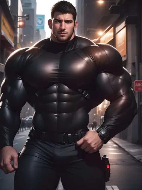 One Tall giant muscular police officer, Mechanical masks, Big Black Mask, outdoors on the street, Brown Superhero Bodysuit, The expression is arrogant, Lift your chin, messy hair, Thick thighs, Brown Superhero Bodysuit, very tight, Regular symmetrical patt...