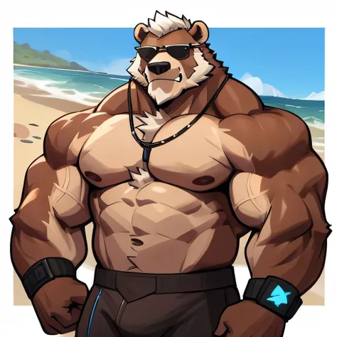 solo, 1boy, Huge Muscular Old Grizzly Bear wearing sunglasses, pectoral, huge pectoral, wide pectoral, short white hair, black swim trunks short black wristbands and shirtless topless, bearded, Moustache, surf board, background, masterpiece, high detailed,...
