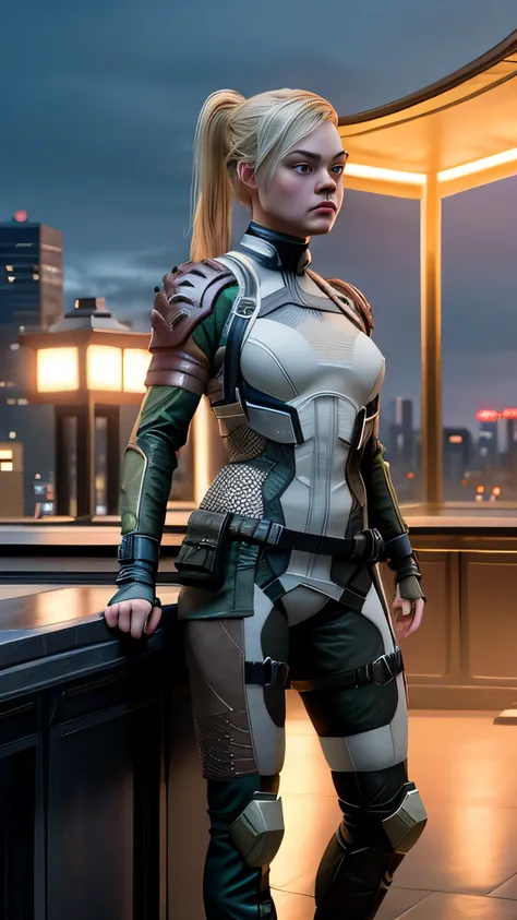 (elle fanning) as cassie cage from mortal kombat, blonde hair, ponytail, brown eyes, fingerless gloves, armor, bodysuit, standin...